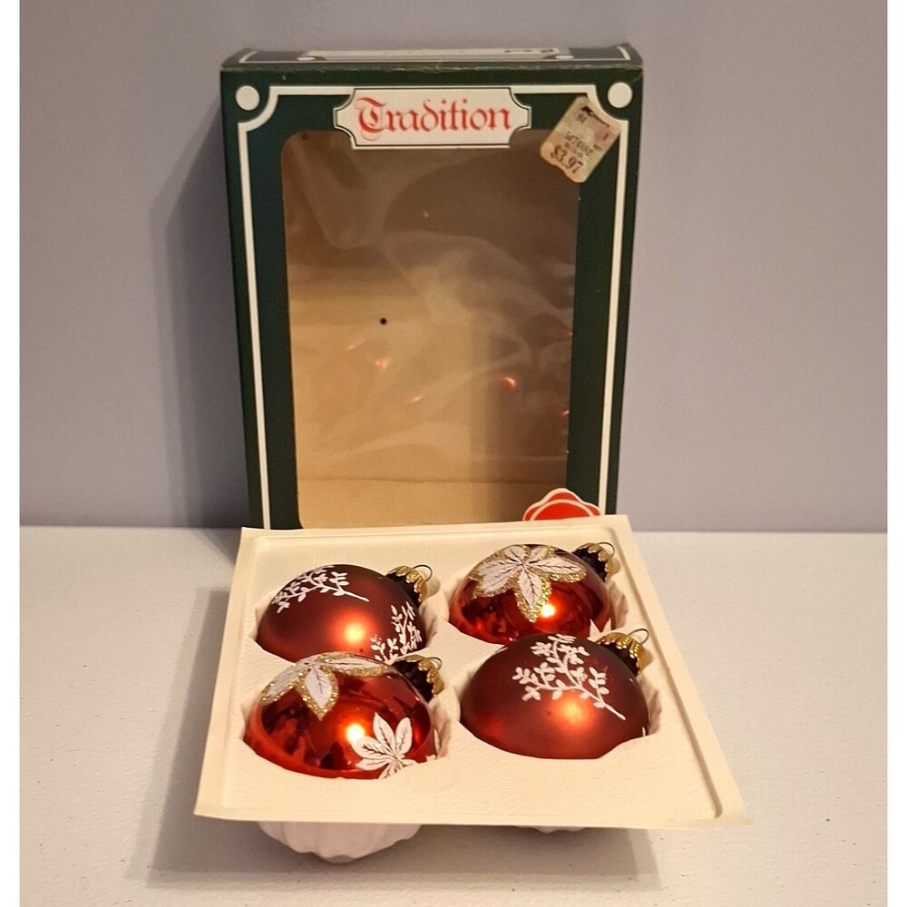 Vintage KUGELGRUSS Mercury Glass Ornaments Set 4 Red Poinsettia West Germany